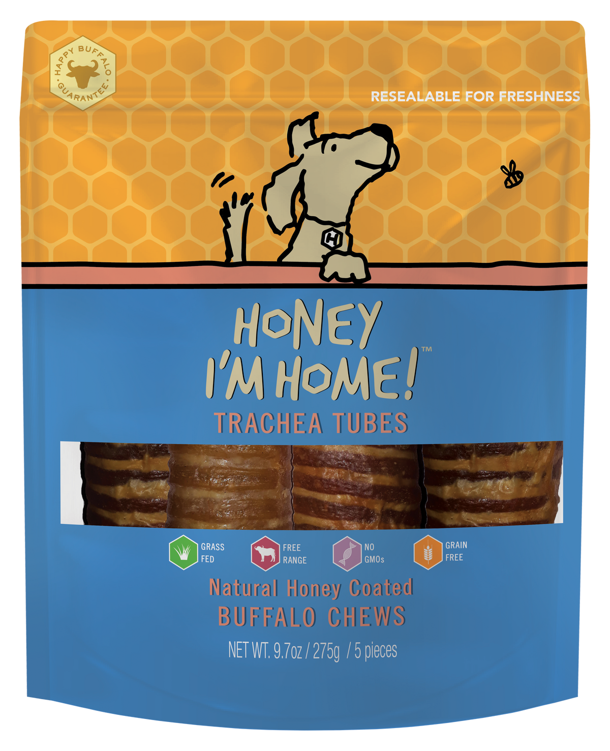 Honey I'm Home Natural Honey Coated Buffalo Trachea Tubes Dog Treats, 5-pk (Size: 5-pk)