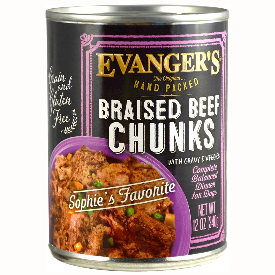 Evanger's Hand Packed Braised Beef Chunks with Gravy Wet Dog Food Can