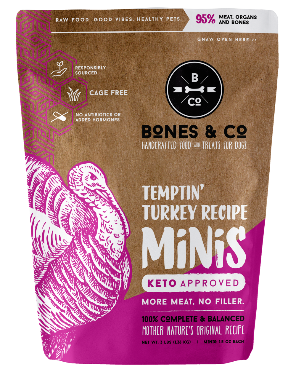 Bones & Co Temptin' Turkey Recipe Minis Frozen Dog Food, 3-lb (Size: 3-lb)